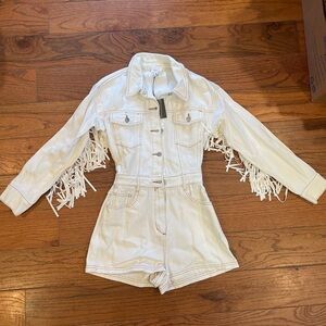 Le lis White Denim Romper With Fringe. Size Small.